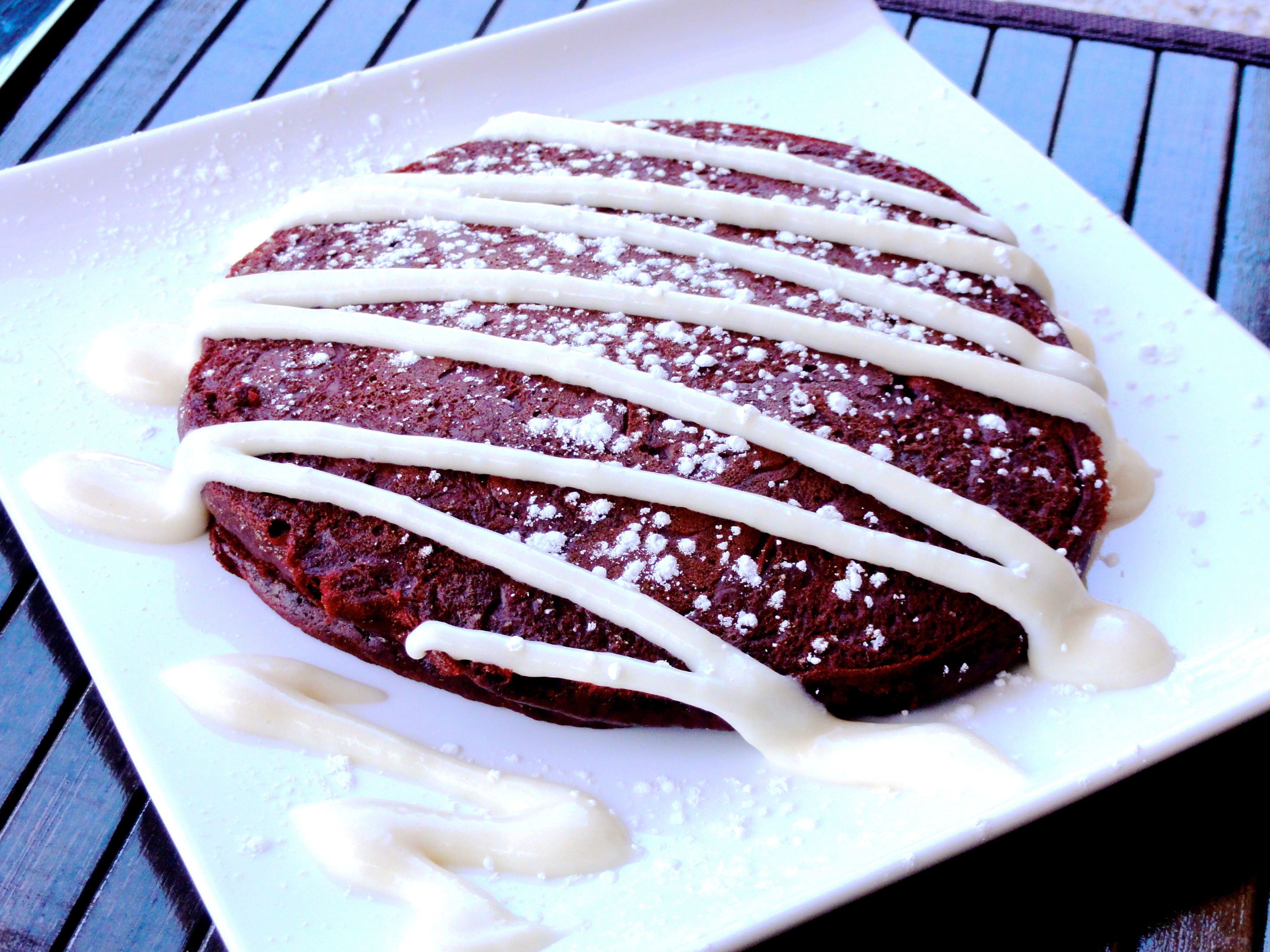 Red Velvet Pancakes with Sweet Cream Drizzle