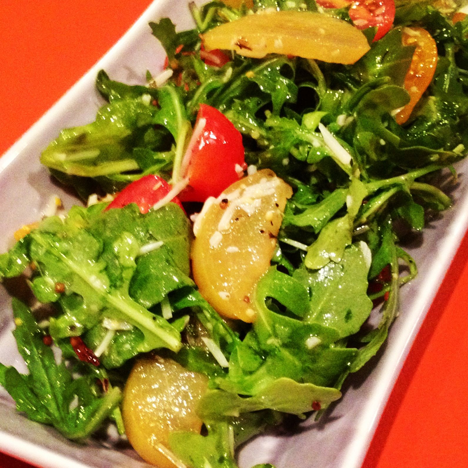 Baby Heirloom Tomato & White Plum Arugula Salad with a Whole Grain Mustard Vinaigrette