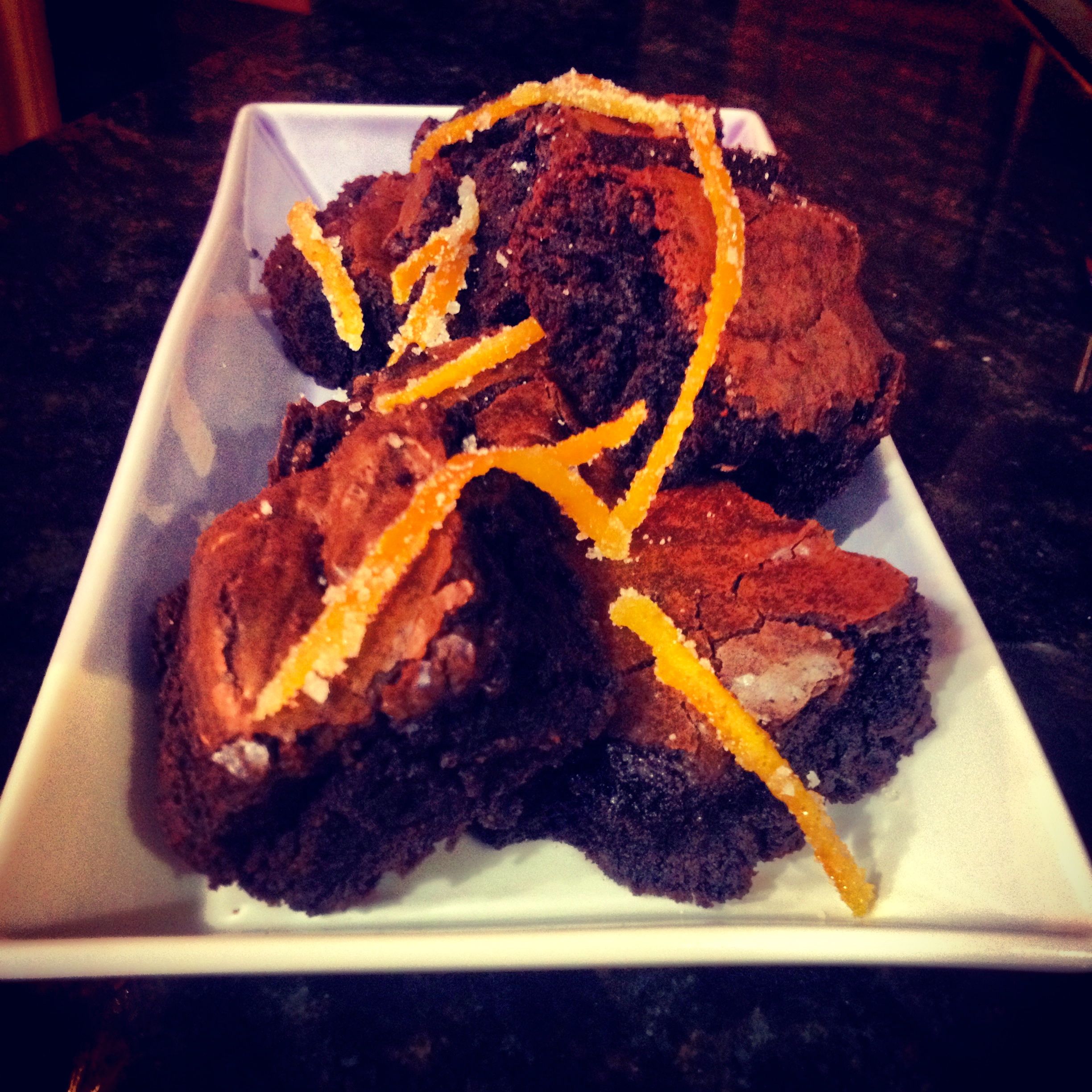 Double Chocolate Brownies with Fresh Candied Orange Peel