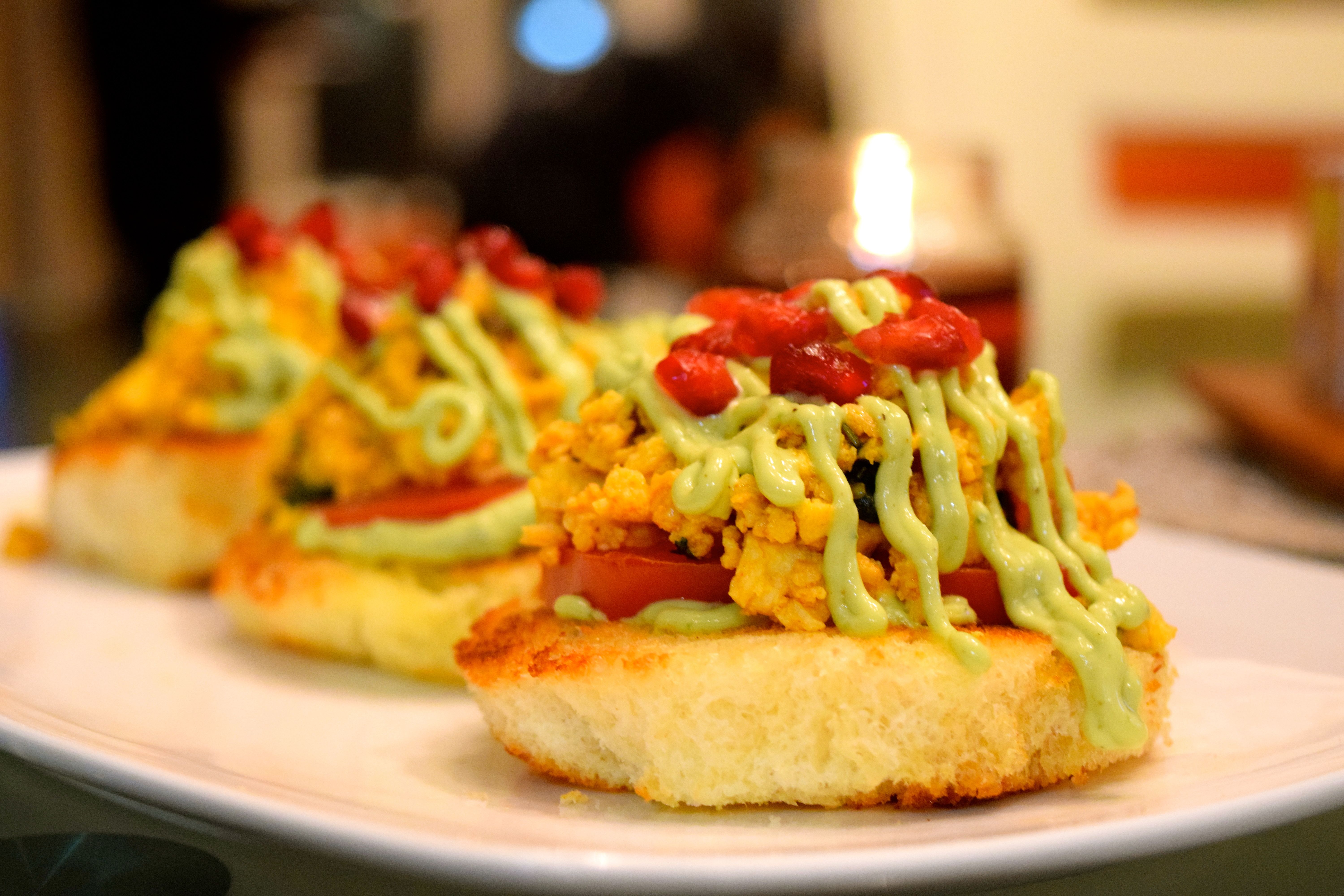 Open Faced Paneer Sandwich with Avocado Cream & Pomegranate
