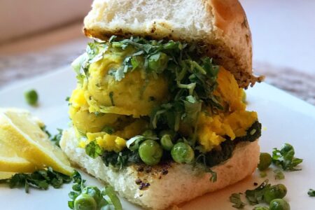 Potato Pav with Blistered Peas