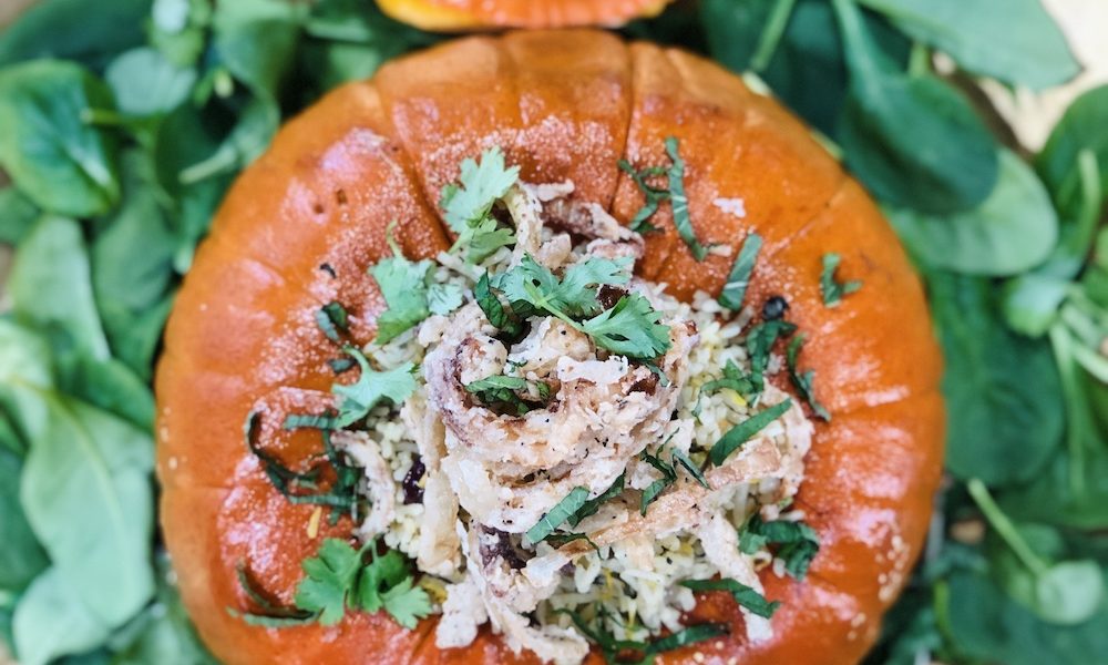 Whole Roasted Stuffed Pumpkin with Rice (vegan)