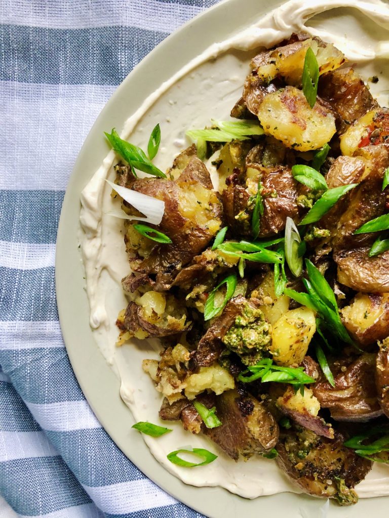 Smashed Crispy Potatoes with Calabrian Chili Basil Pesto & Lemon “Cream ...