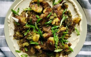 Smashed Crispy Potatoes with Calabrian Chili Basil Pesto & Lemon “Cream”