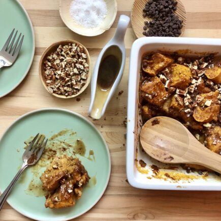 Baked Pumpkin French Toast with Brown Sugar Caramel (Vegan)