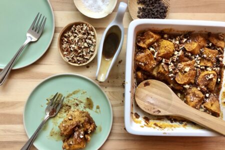 Baked Pumpkin French Toast with Brown Sugar Caramel (Vegan)