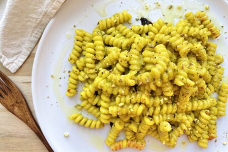 Creamy Golden Beet Fusilli with Pistachios, Vegan & Zero-Waste